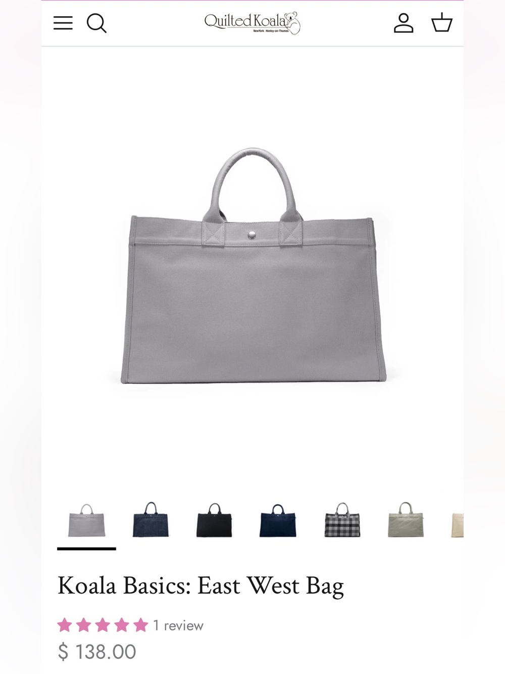 Quilted Koala East West Tote Gray